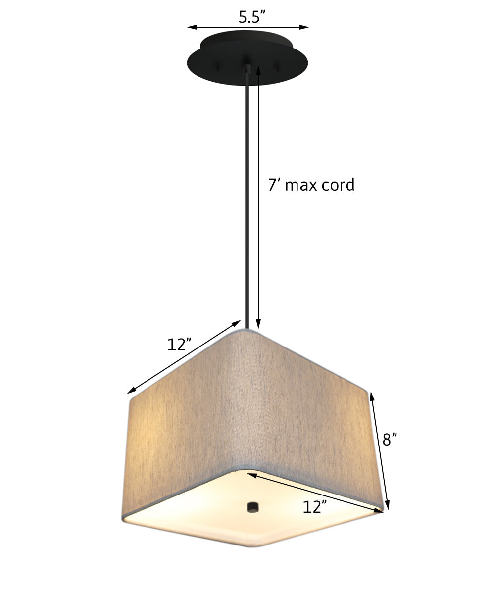 Home Concept 2-Light Pendant Light Rounded Corner Square Oatmeal Drum Shade with Diffuser, Black Cord - 12" W
