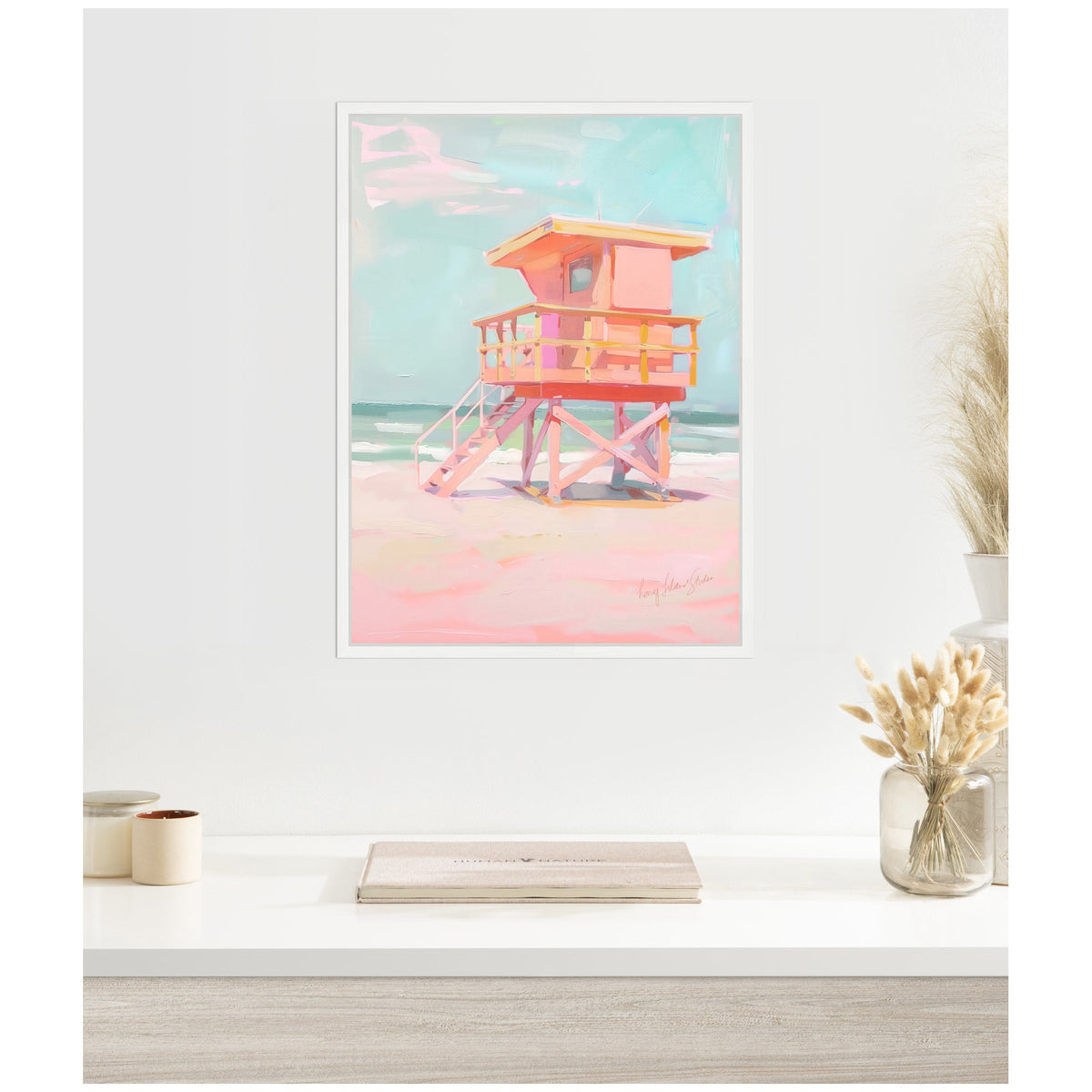Sylvie Beach Lifeguard Tower Pastels Framed Canvas by Honey Island Studio