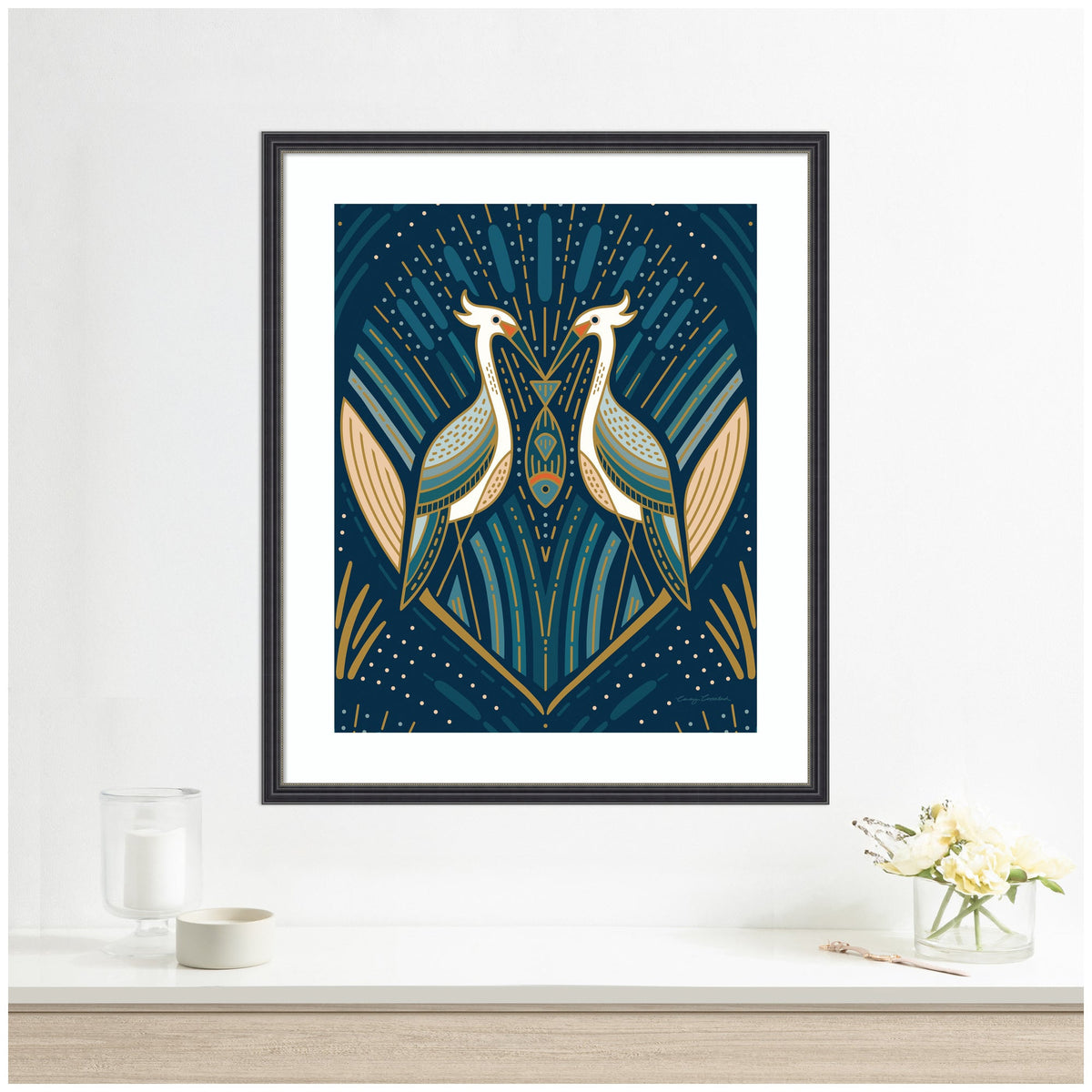 Framed Art Art Deco Herons Blue by Carey Copeland