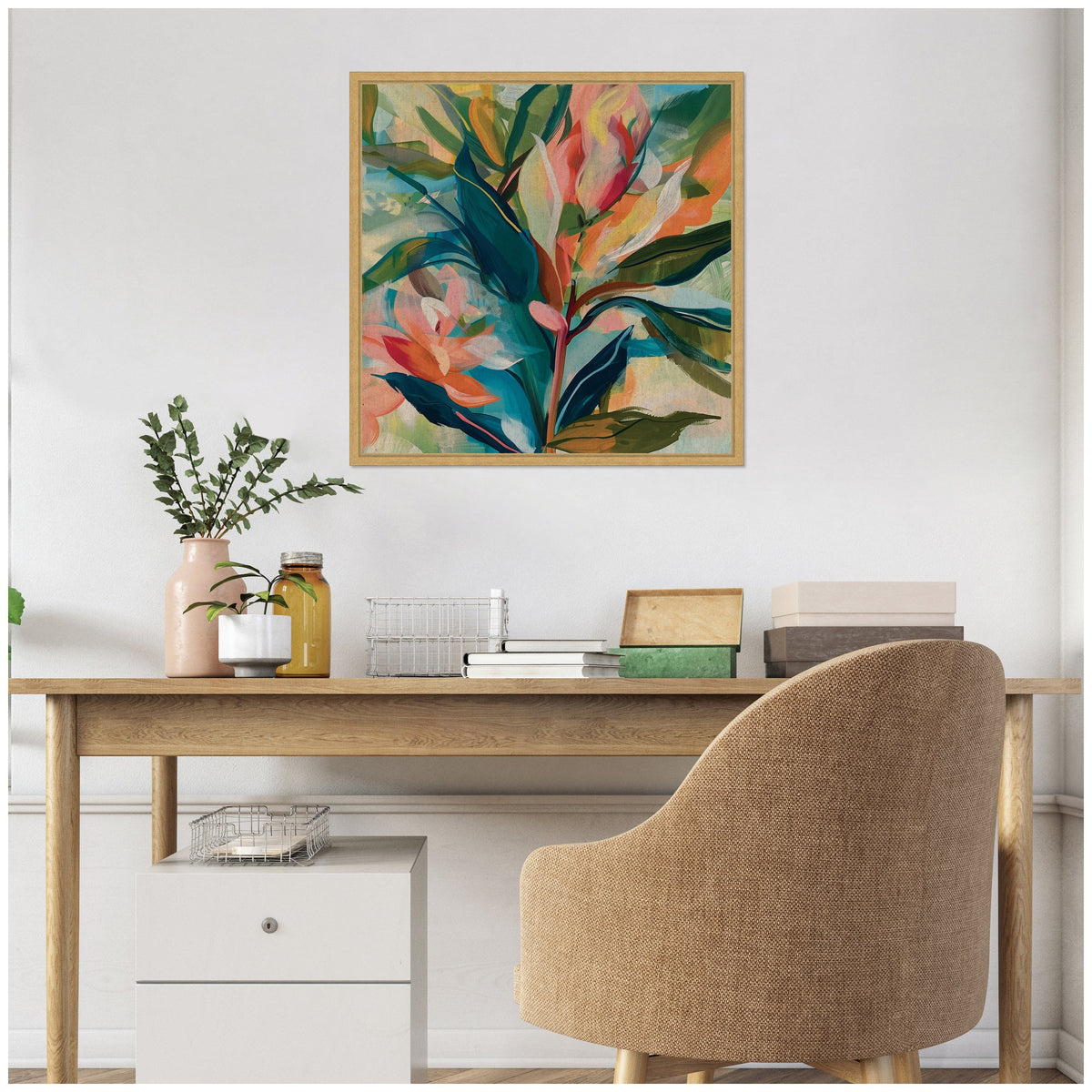 Sylvie Colorful Tropic Botanical Abstract Neutral Linen Framed Canvas by The Creative Bunch Studio