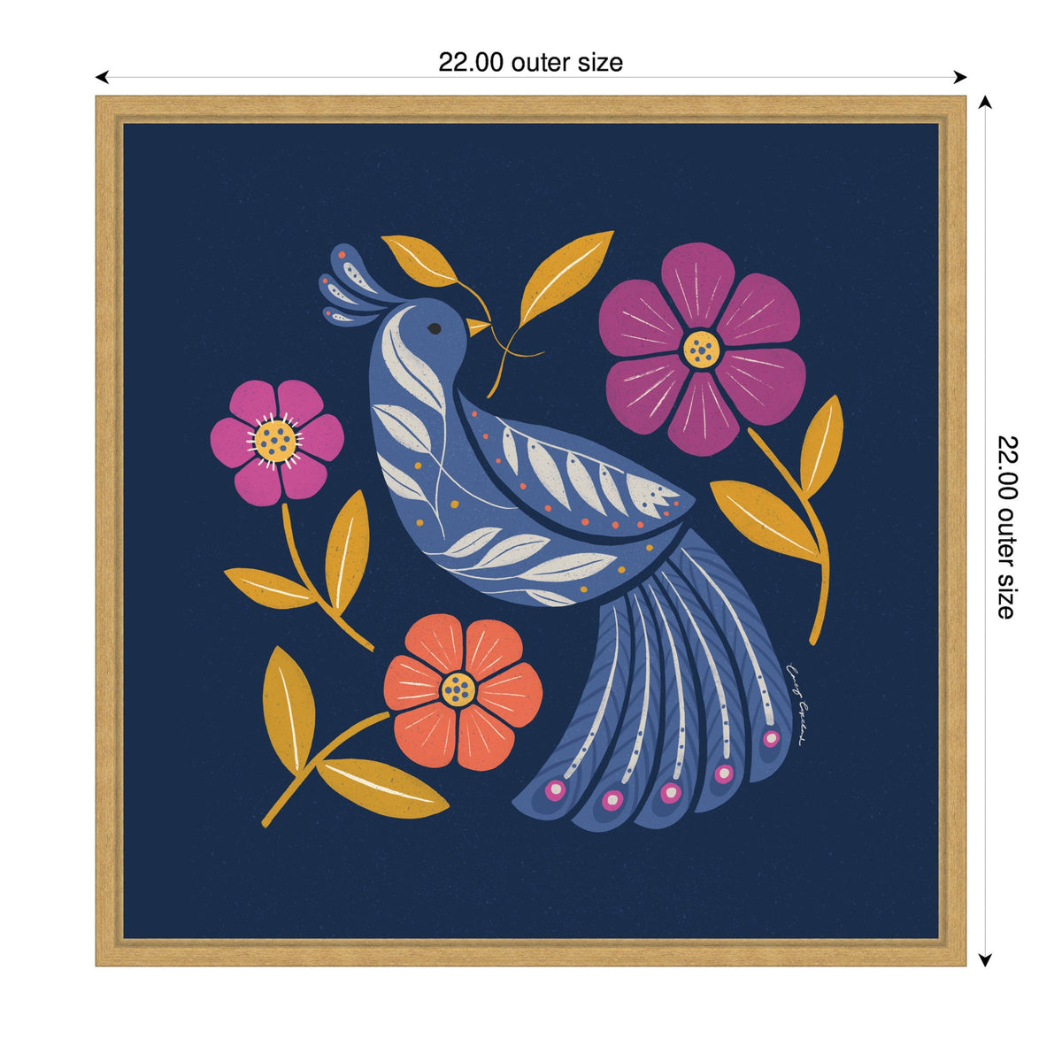 Sylvie Boho Folk Art Bird Blue and Gold Framed Canvas by Carey Copeland