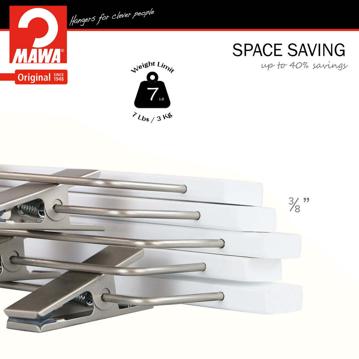 MAWA Metropolis Trend 40D Pant & Skirt Hanger with Adjustable Clips, White, Silver Hook