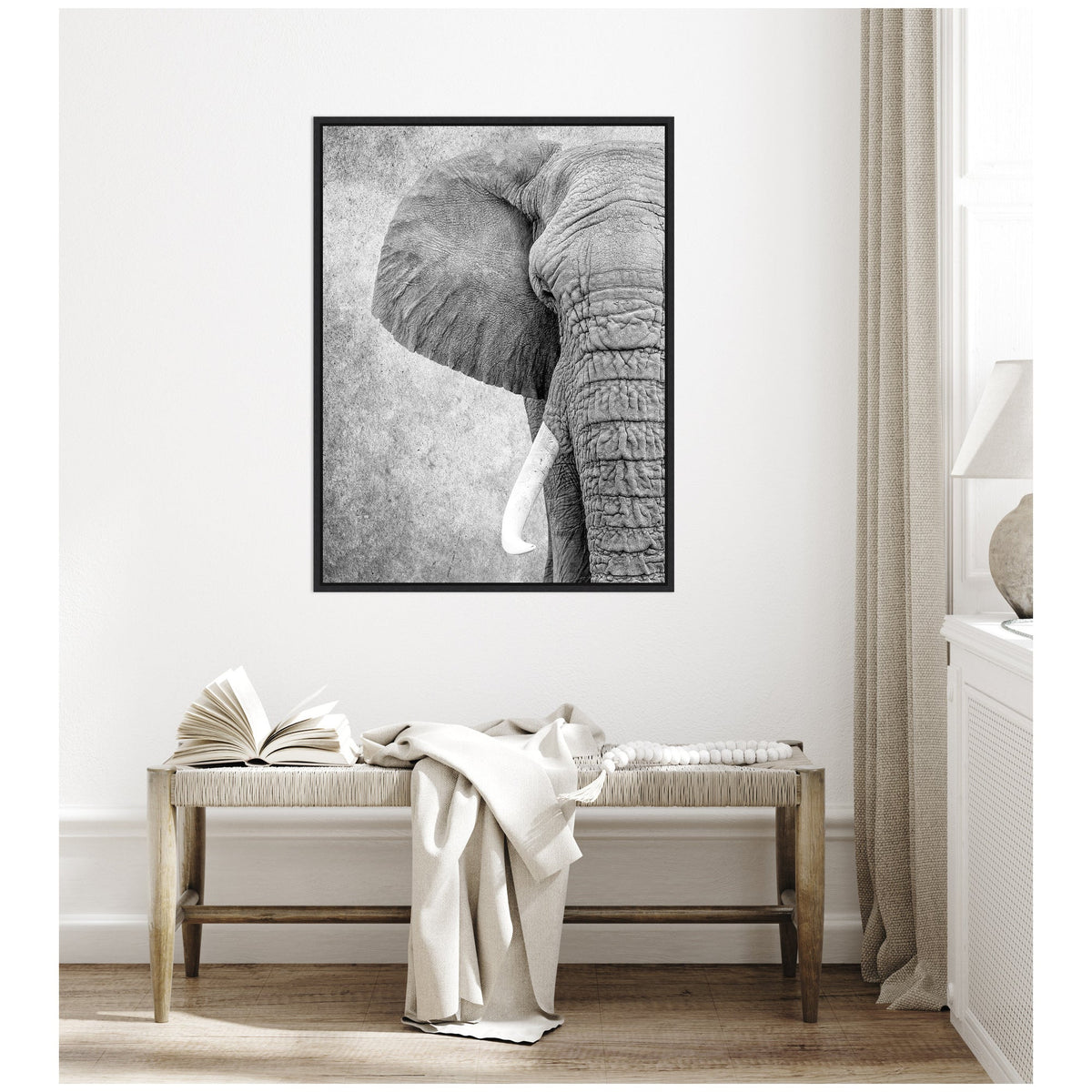 Sylvie Black and White Minimalist Safari Elephant Framed Canvas by Simon Te of Tai Prints