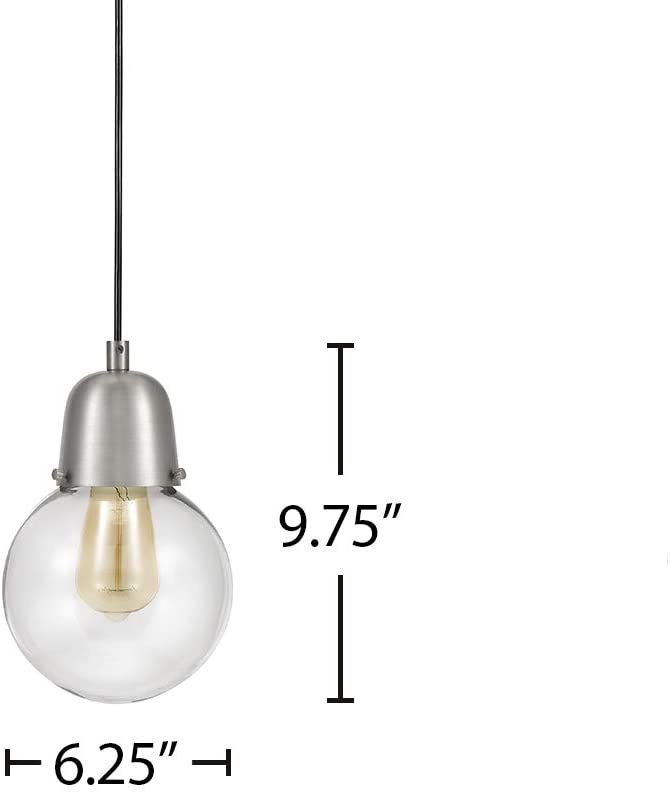 Plug-In LED Globe Pendant Light, Brushed Nickel Finish with Clear Glass Shade, 15' Black Cord