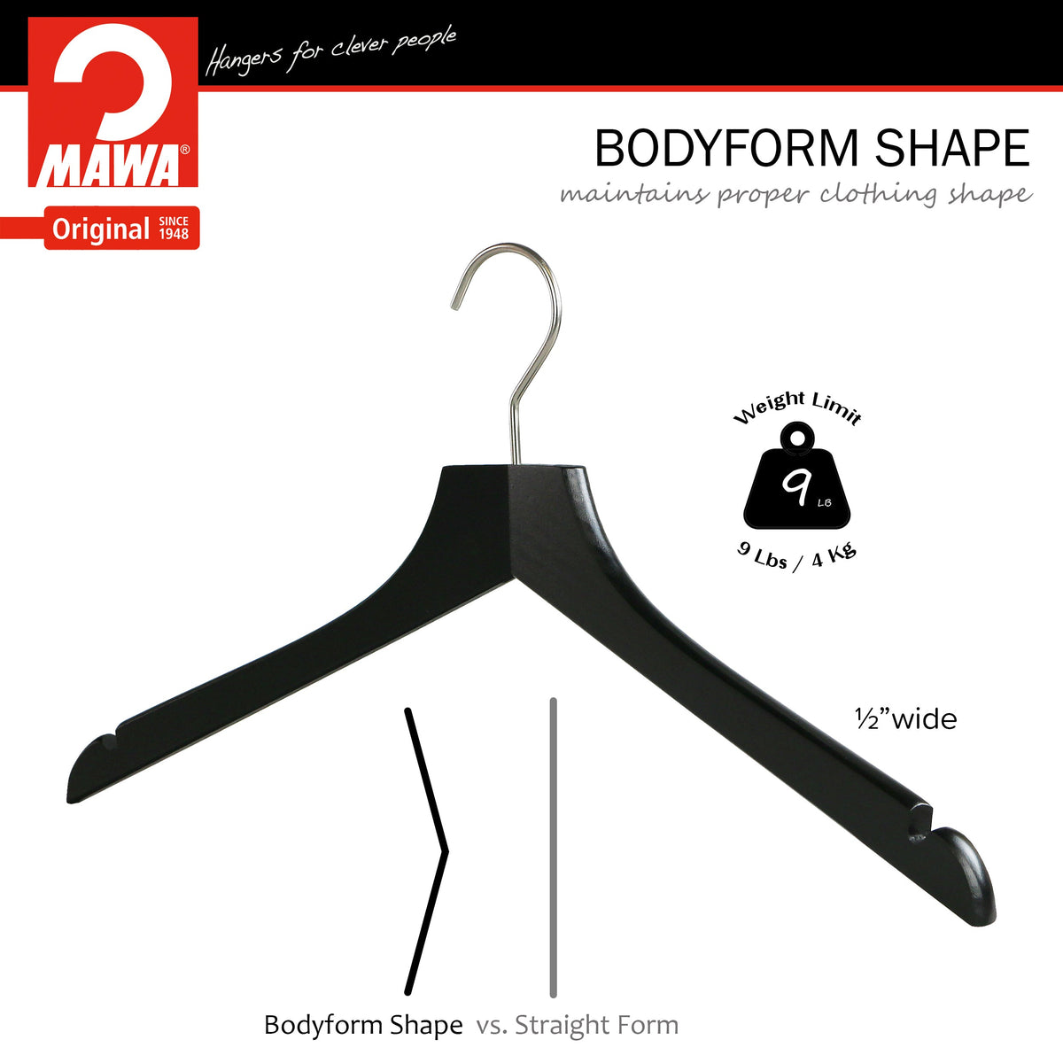 MAWA Metropolis Bodyform Profi 45/RE Shirt Hanger with Shoulder Notches, Black, Silver Hook