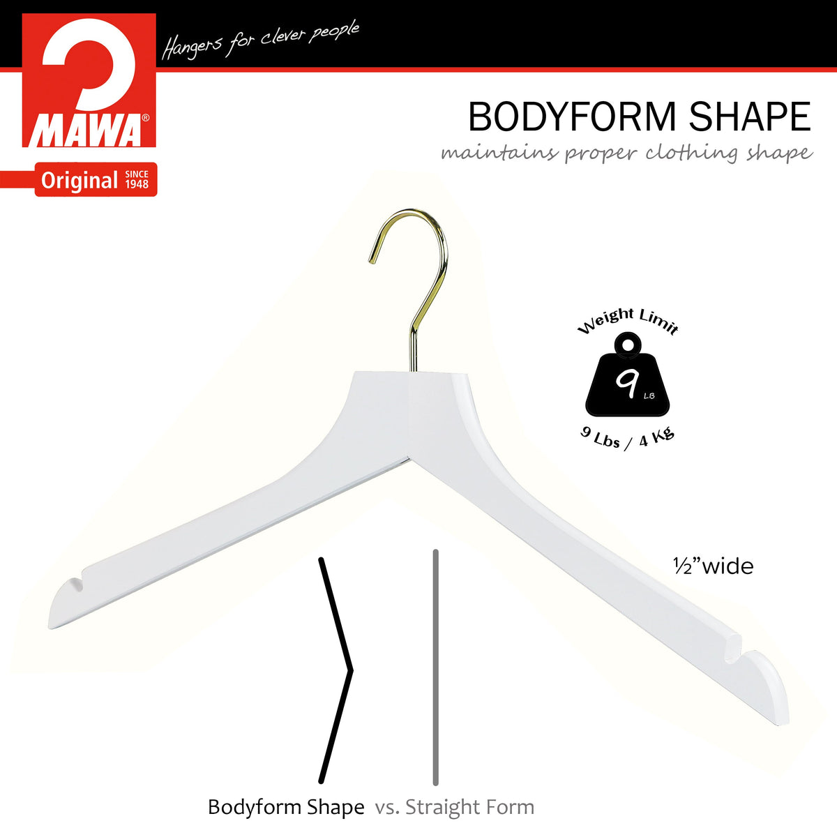 MAWA Metropolis Bodyform Profi 45/RE Shirt Hanger with Shoulder Notches, White, Gold Hook