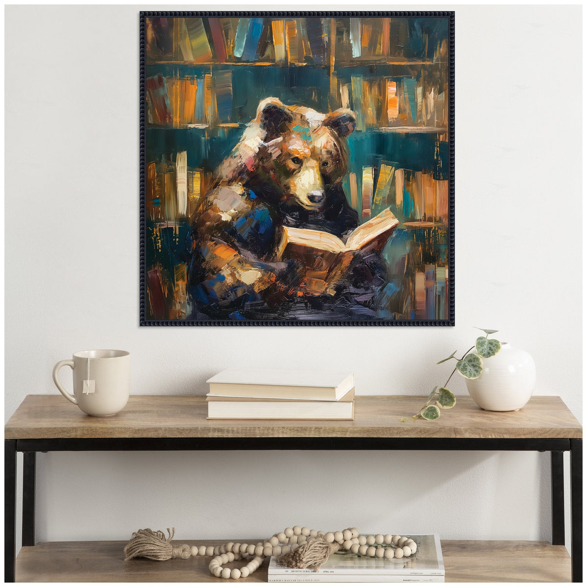 Sylvie Traditional Bear Reading in Library Framed Canvas by The Creative Bunch Studio