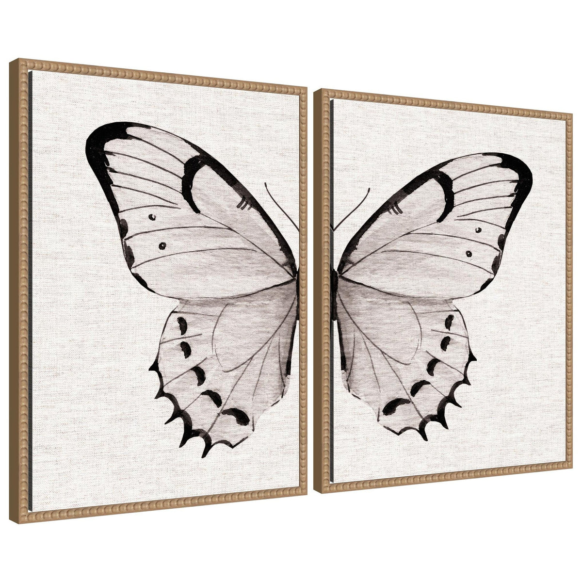 Sylvie Beaded Minimal Butterfly Watercolor Neutral Linen - 2 Piece Framed Canvas Art Set by The Creative Bunch Studio