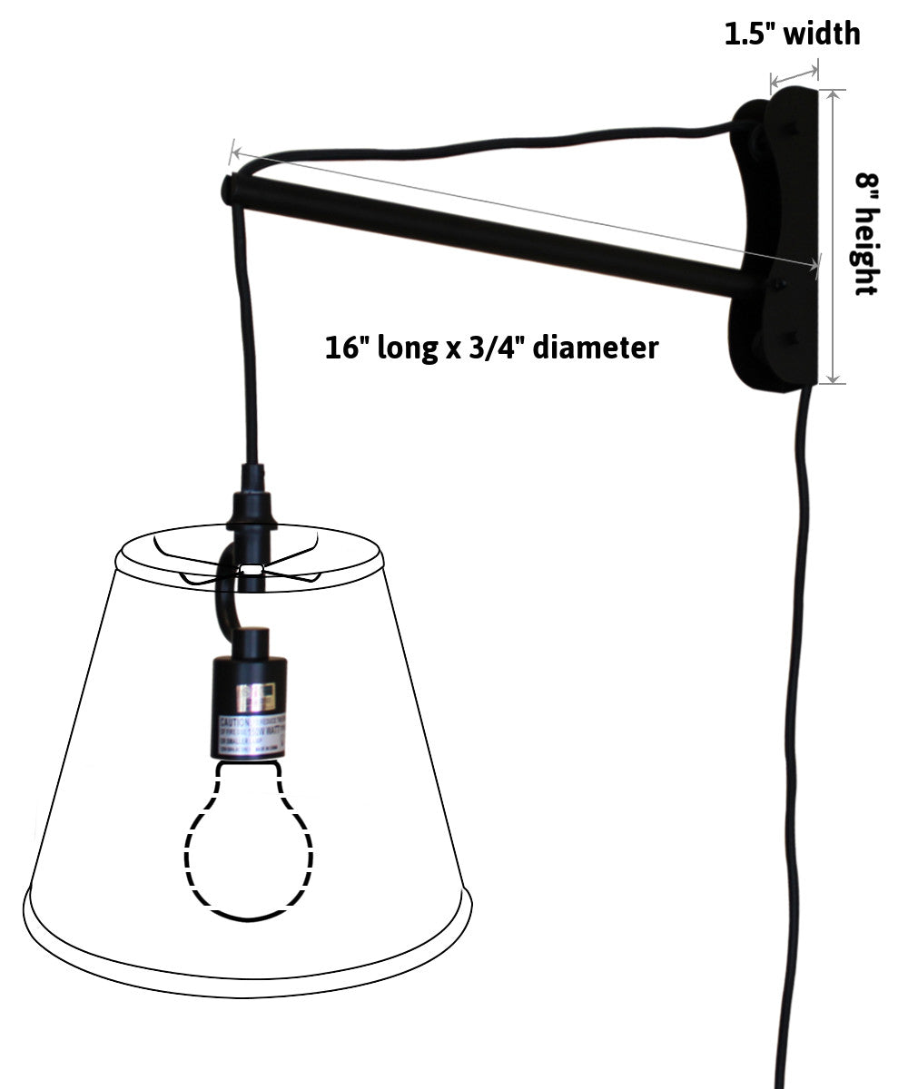 Home Concept MAST Plug-In Wall-Mount Pendant Light 1-Light Black Cord/Arm Drum White Shade - 12"W