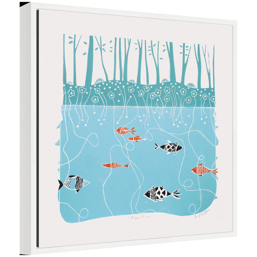 Sylvie Coastal Blue River Linocut Framed Canvas by Giuliana Lazzerini
