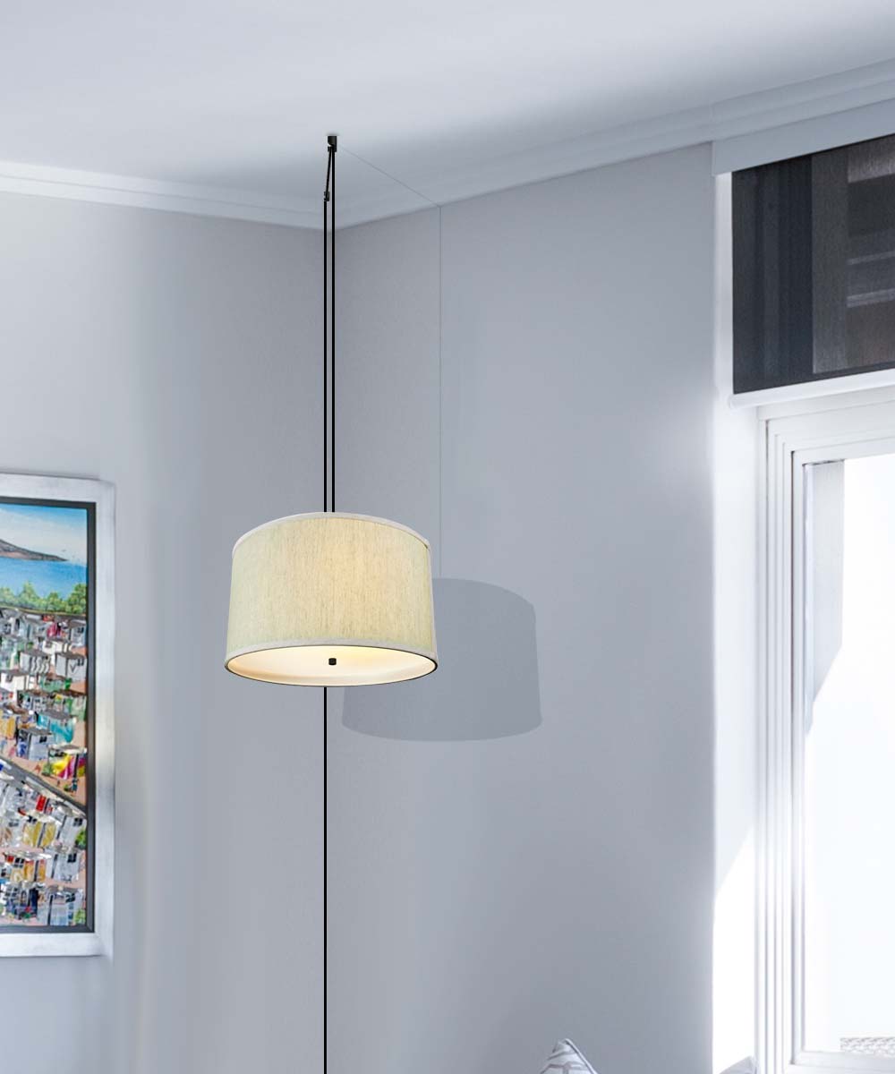 16"W 2 Light Swag Plug-In Pendant  Textured Oatmeal with Diffuser Black Cord