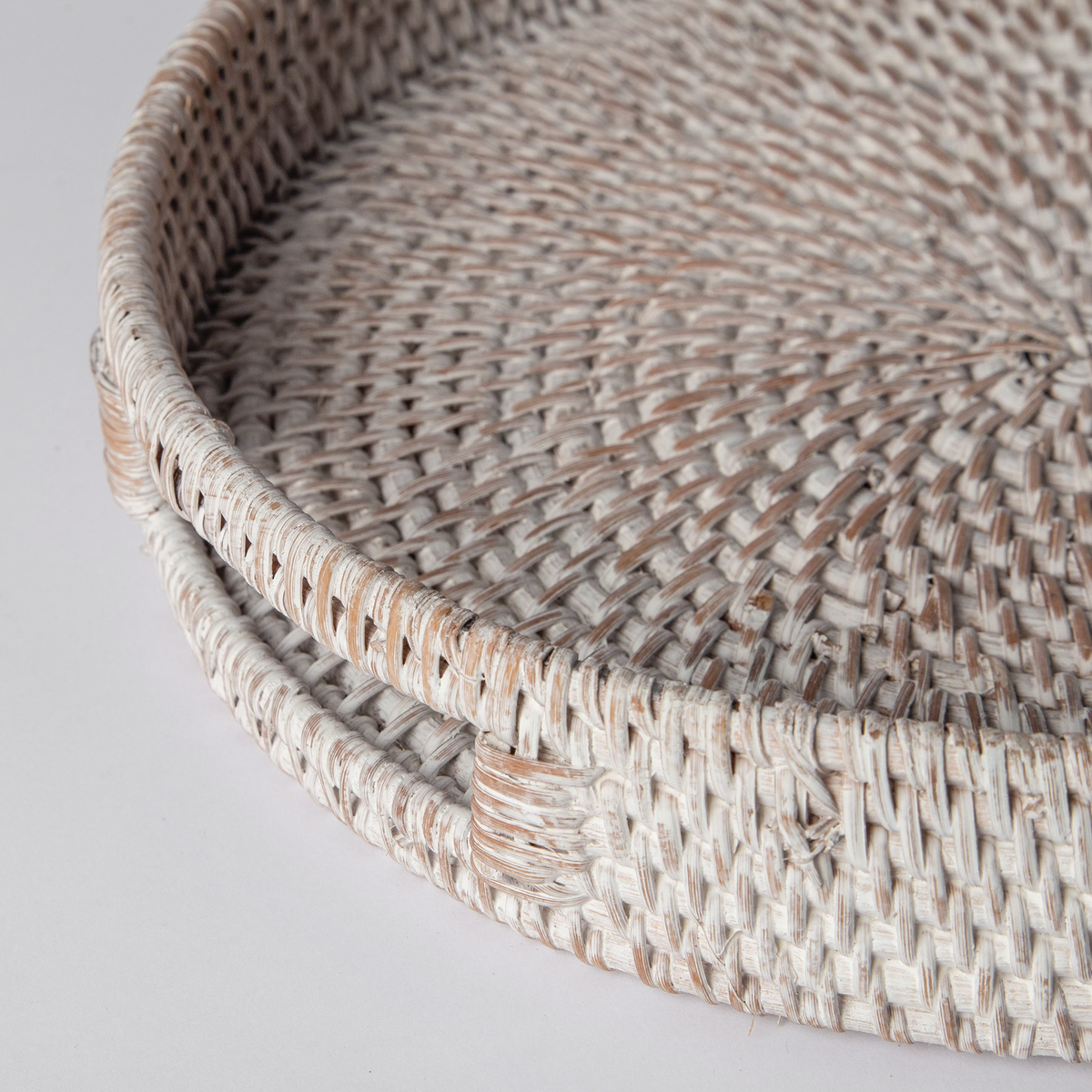 Round White Woven Rattan Tray
