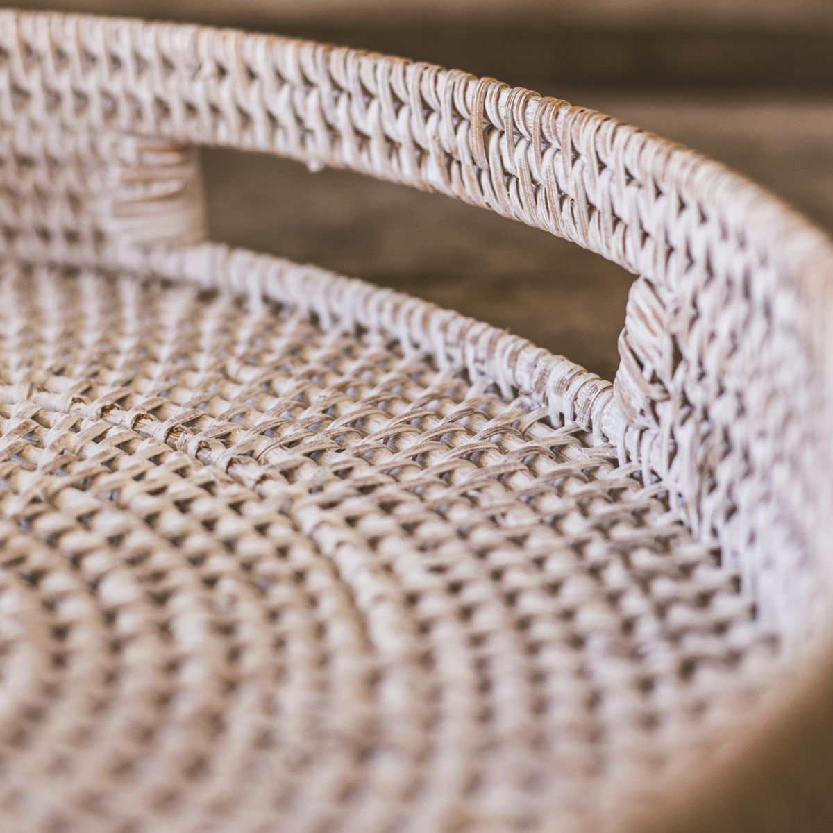 Round White Woven Rattan Tray