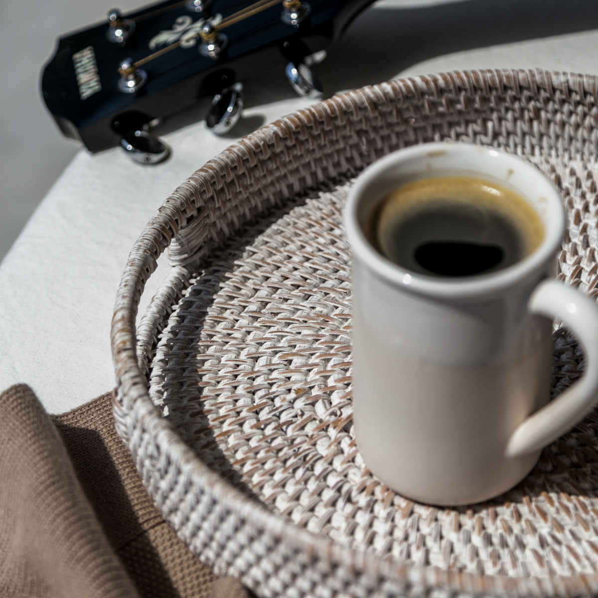 Round White Woven Rattan Tray