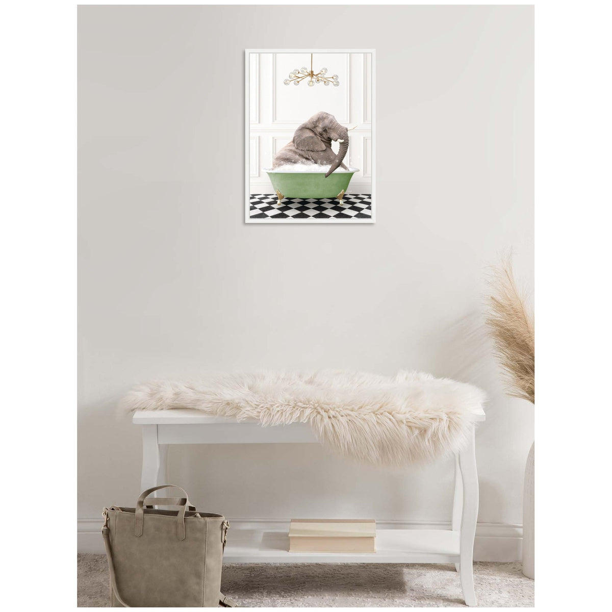 Sylvie Young Elephant in Green Bathtub Checker Floor Framed Canvas by Amy Peterson