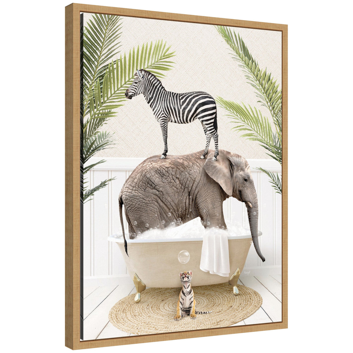 Sylvie Safari Animals in Palm Bath Framed Canvas by Amy Peterson