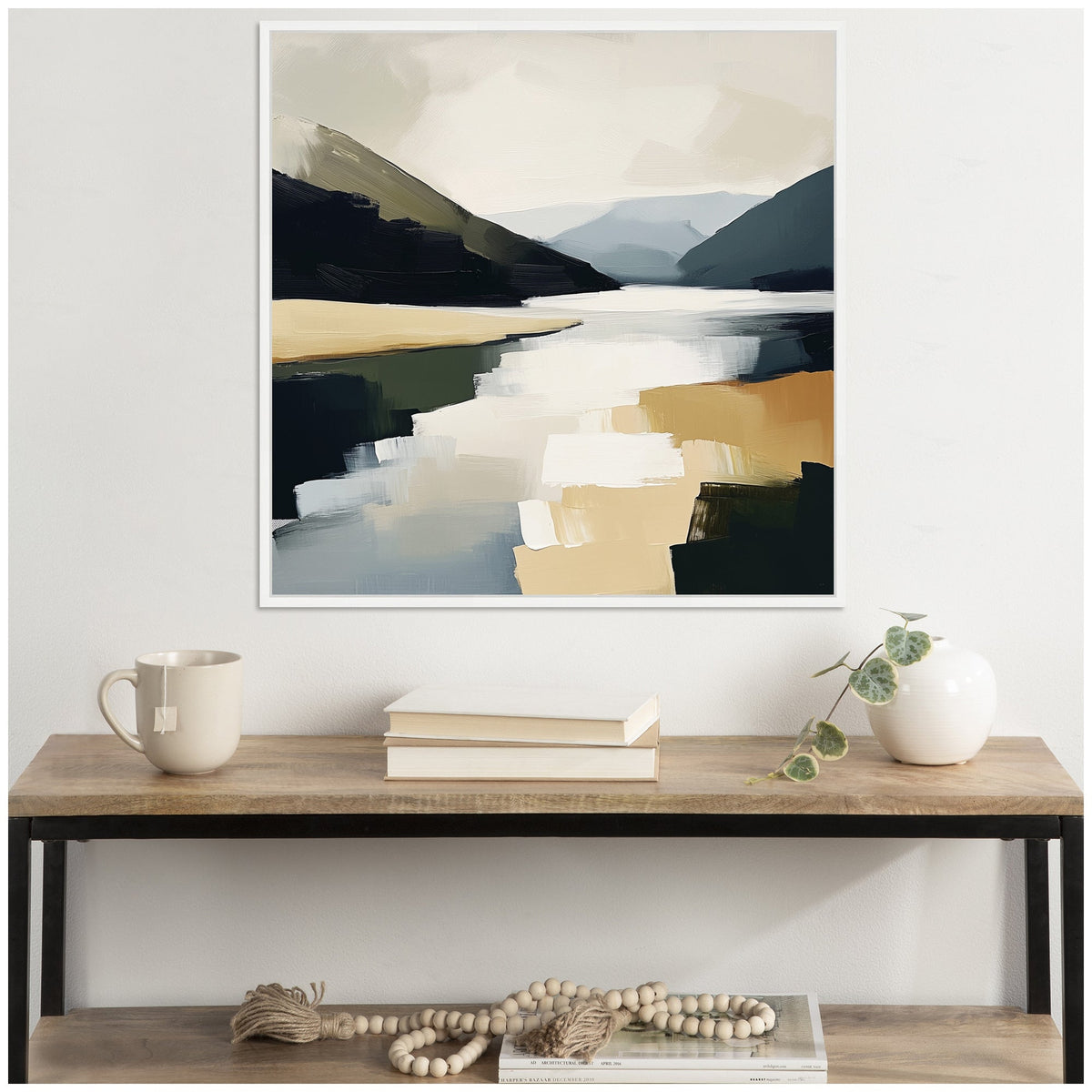 Sylvie Mountain Lake Modern Abstract Landscape Framed Canvas by The Creative Bunch Studio