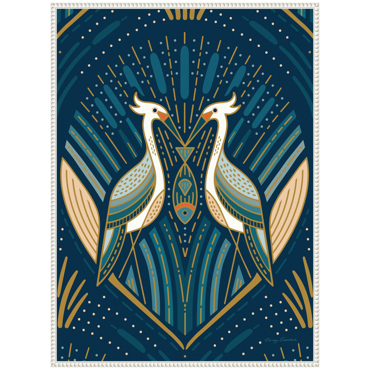 Sylvie Art Deco Herons Blue Framed Canvas by Carey Copeland