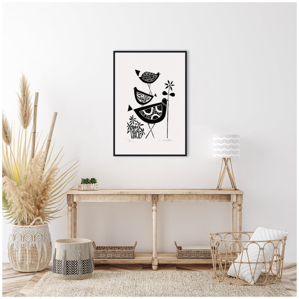 Sylvie Folk Bird Family Trio Linocut Framed Canvas by Giuliana Lazzerini