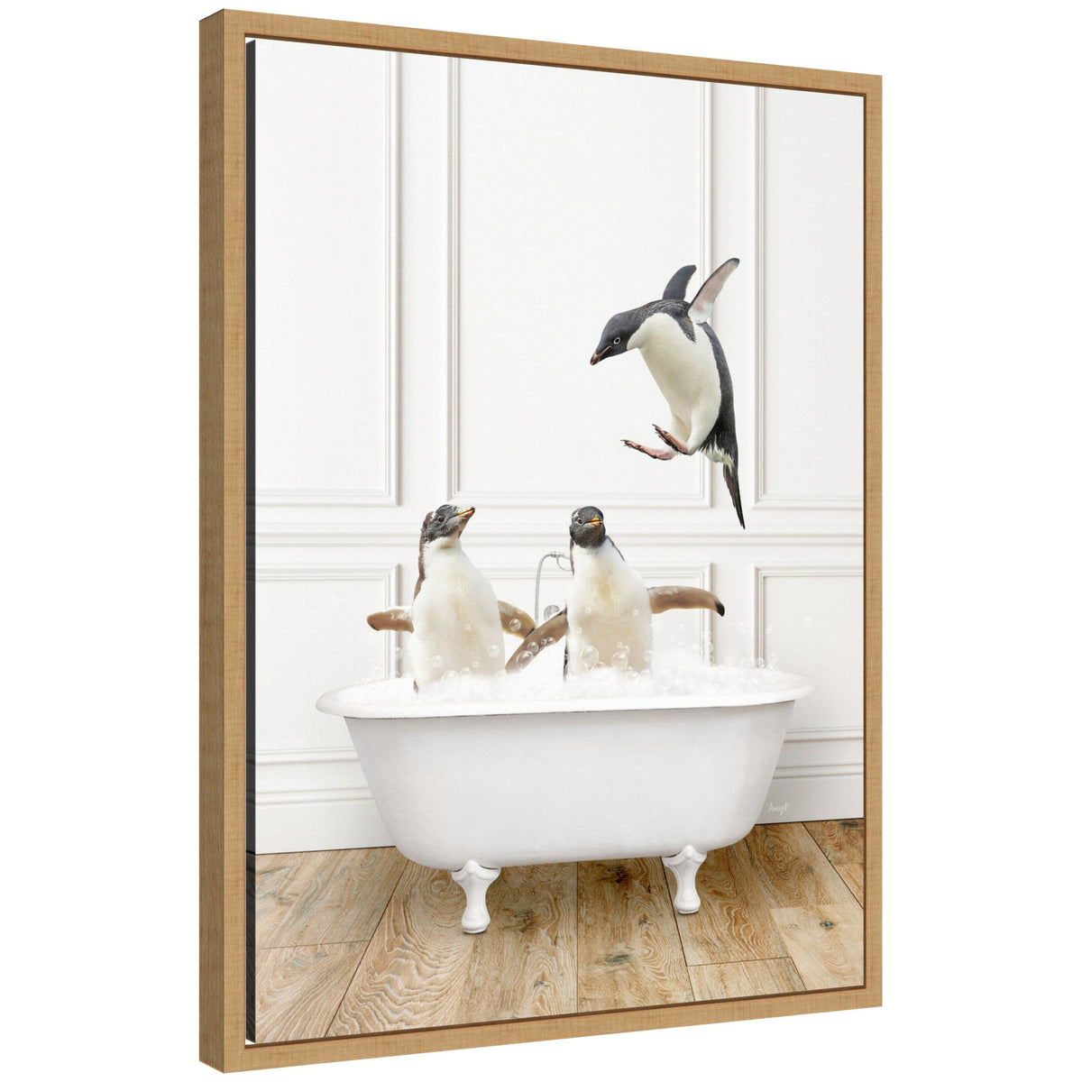 Sylvie Penguins in Traditional Vintage Bathtub Framed Canvas by Amy Peterson
