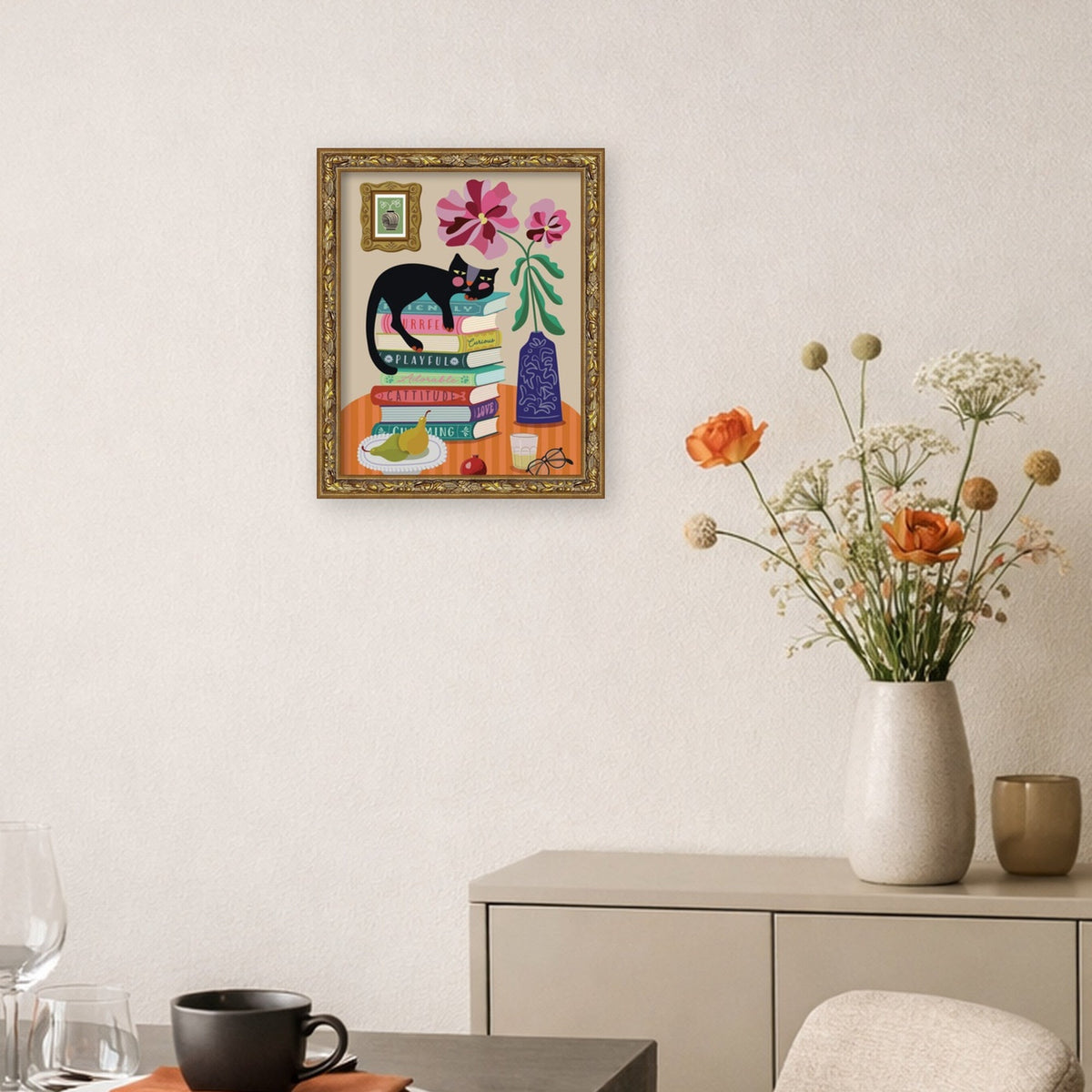 Still Life With A Cat by Rachel Lee 3 Birdies Studio Framed Mounted Canvas Wall Art Print