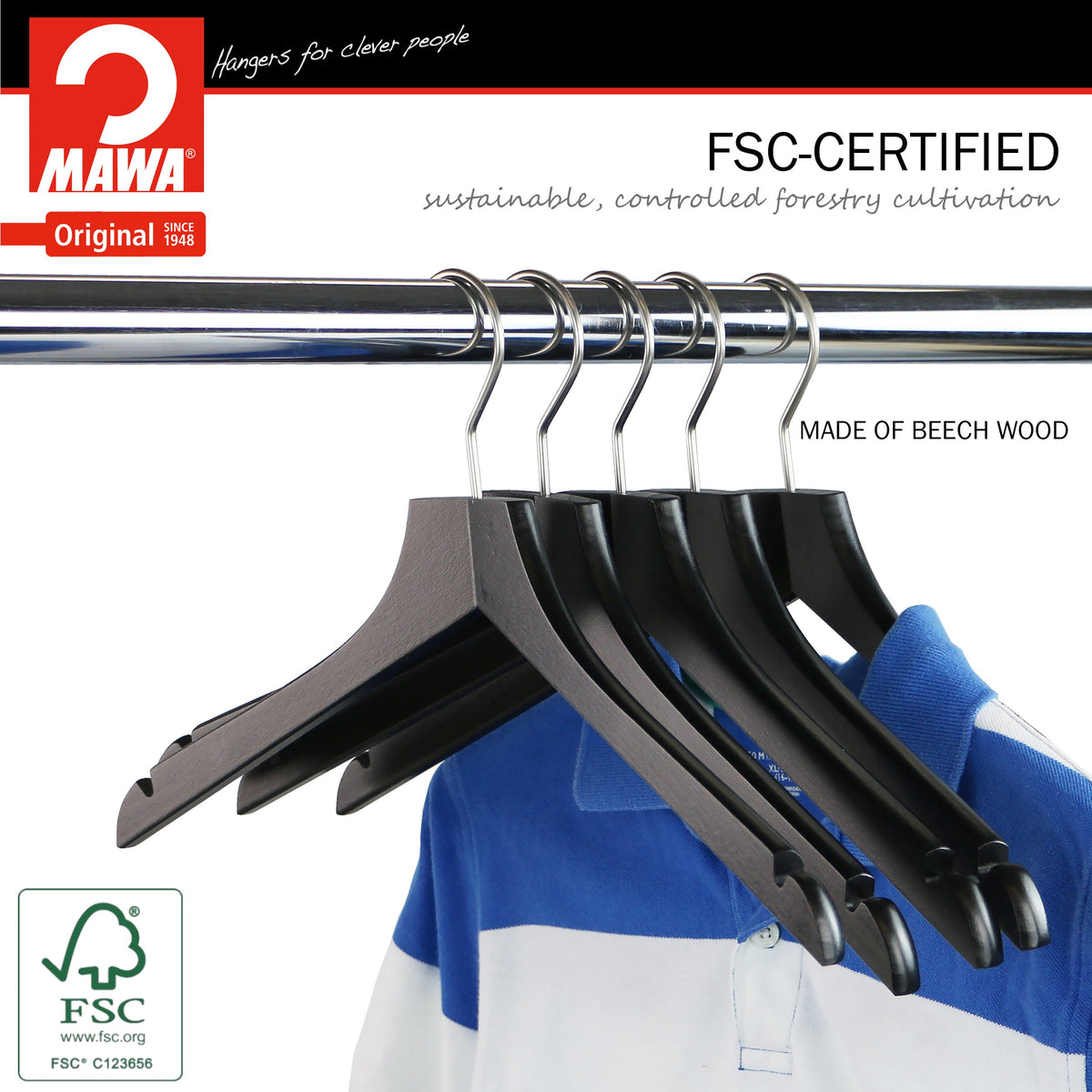 MAWA Metropolis Bodyform Profi 45/RE Shirt Hanger with Shoulder Notches, Black, Silver Hook