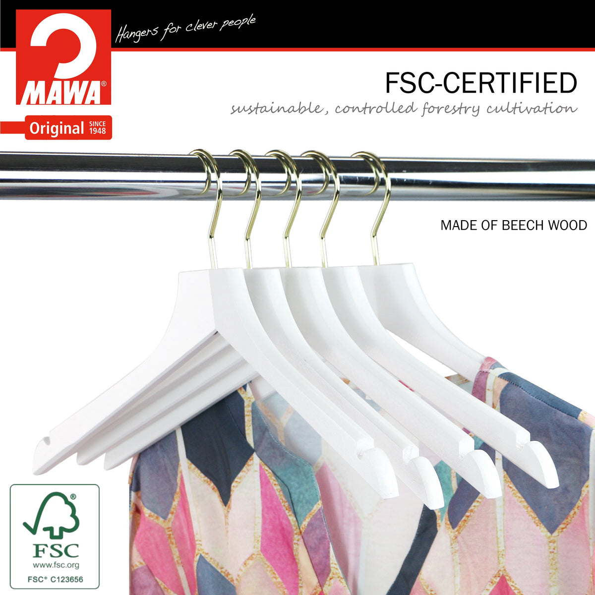 MAWA Metropolis Bodyform Profi 45/RE Shirt Hanger with Shoulder Notches, White, Gold Hook