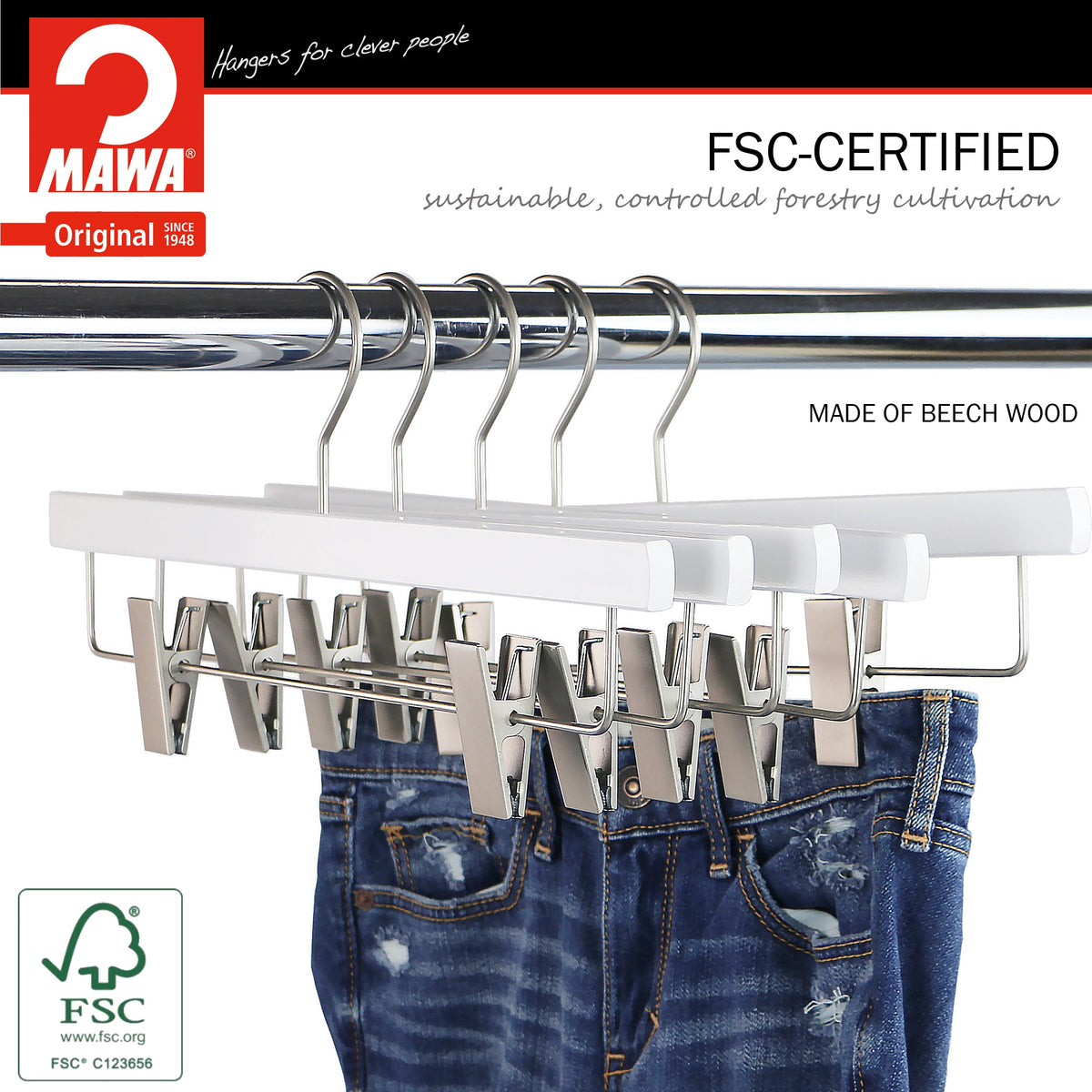 MAWA Metropolis Trend 40D Pant & Skirt Hanger with Adjustable Clips, White, Silver Hook