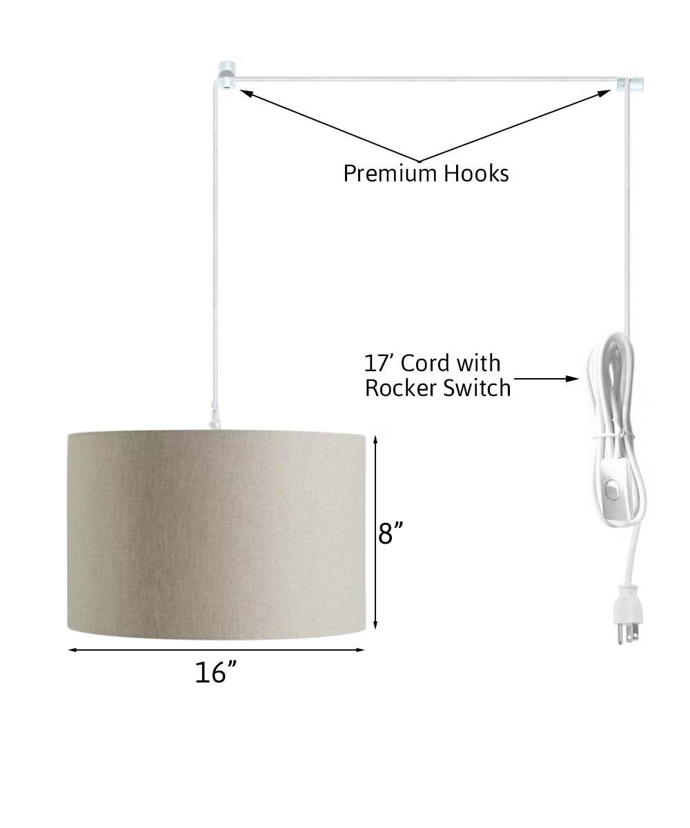 Home Concept 1-Light Plug-In Swag Pendant Light 16"w Light Oatmeal Linen Drum Shade, 17' White Cord