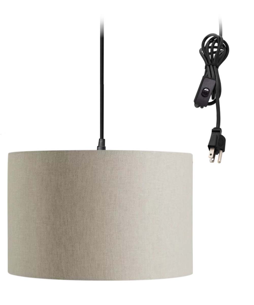 1 Light Swag Plug-In Pendant 16"w Light Oatmeal Linen Drum Shade, 17' Black Cord