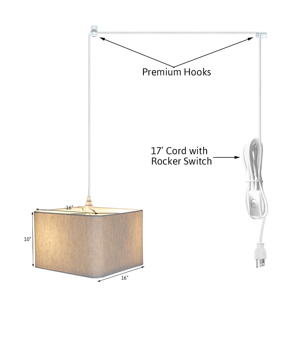 Home Concept 2-Light Plug-In Swag Pendant Light 16"w Rounded Corner Square Oatmeal Drum Shade with Diffuser, White Cord