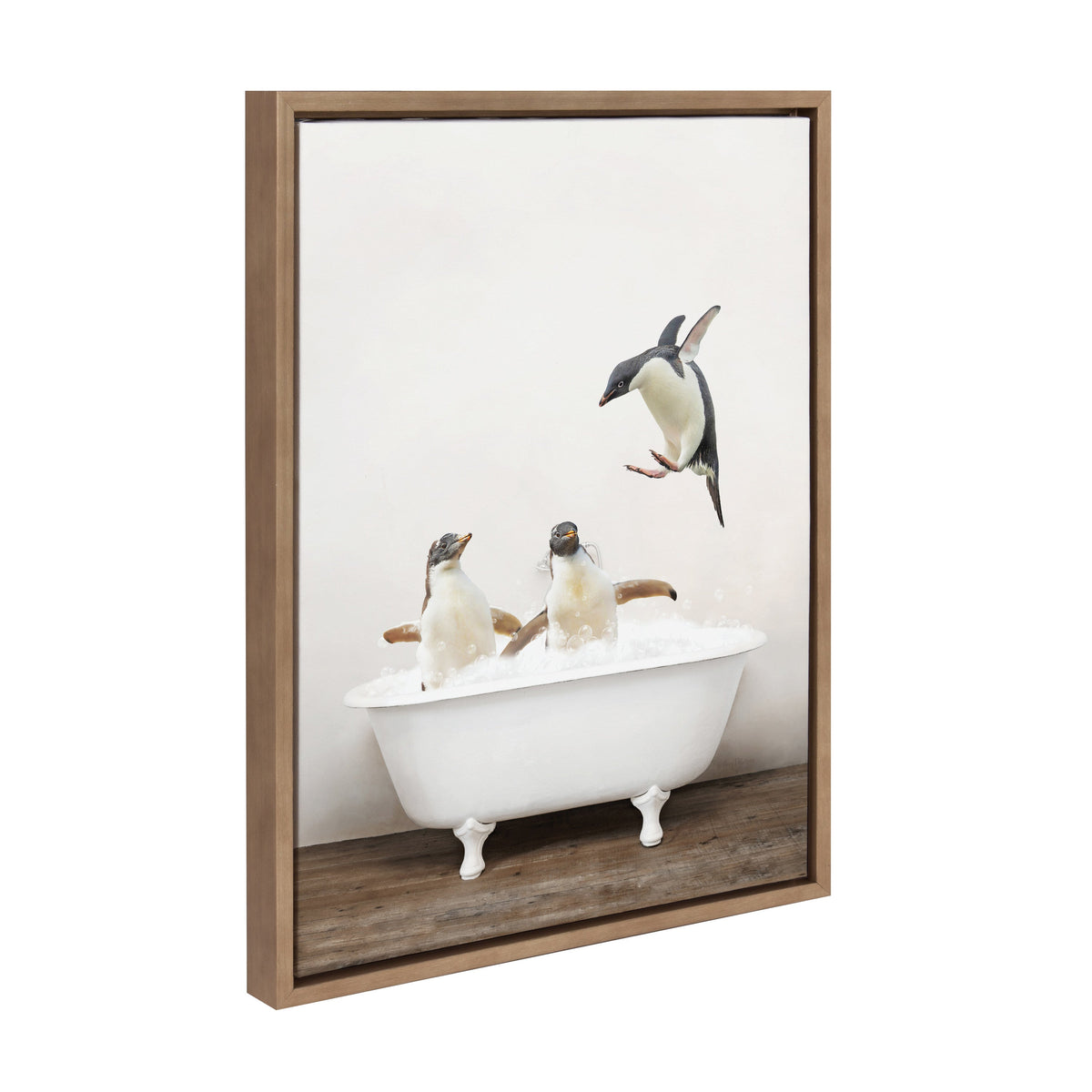 Sylvie Penguins Playing in Rustic Bath Framed Canvas by Amy Peterson Art Studio