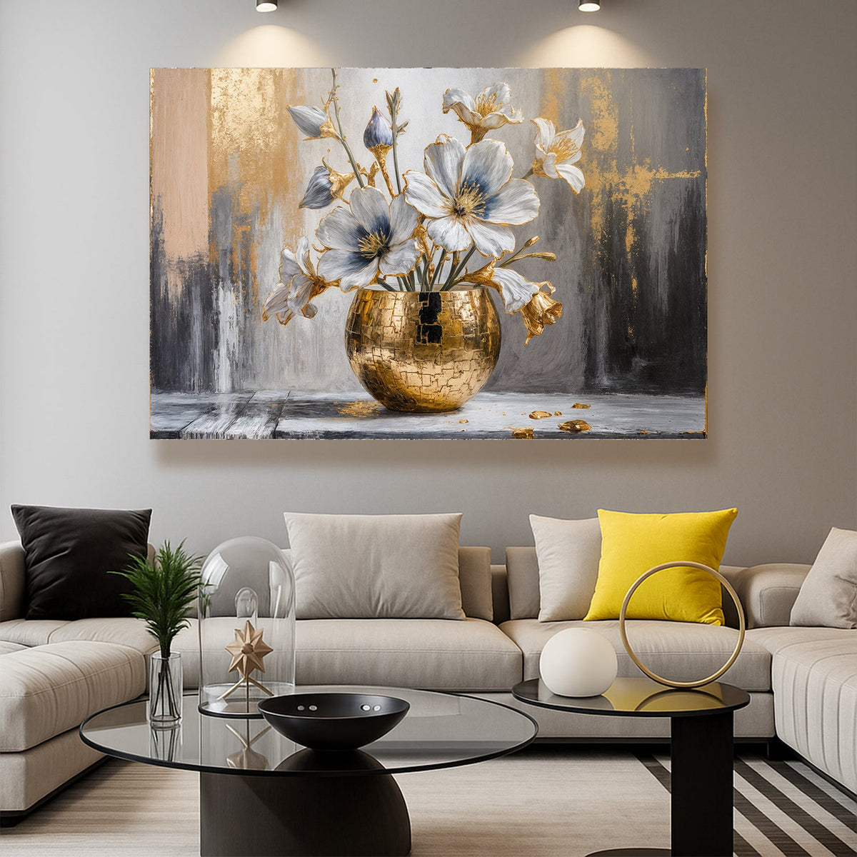 Magnolia Bloom in Gold Abstract Canvas Wall Art