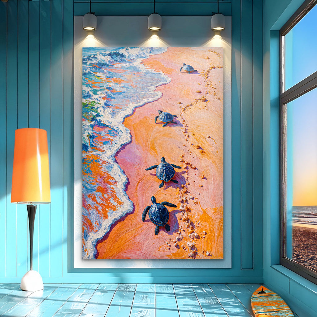 Turtles' Journey To The Sea Canvas Wall Art