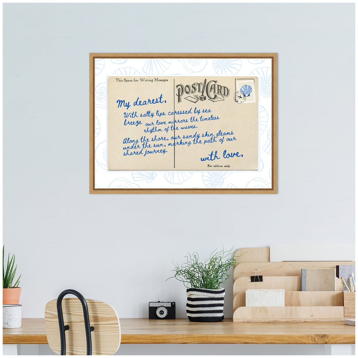 Sylvie Beach Love Letter Blue Framed Canvas by Honey Island Studio