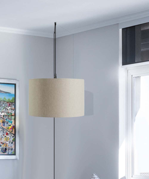 1 Light Swag Plug-In Pendant 16"w Light Oatmeal Linen Drum Shade, 17' Black Cord