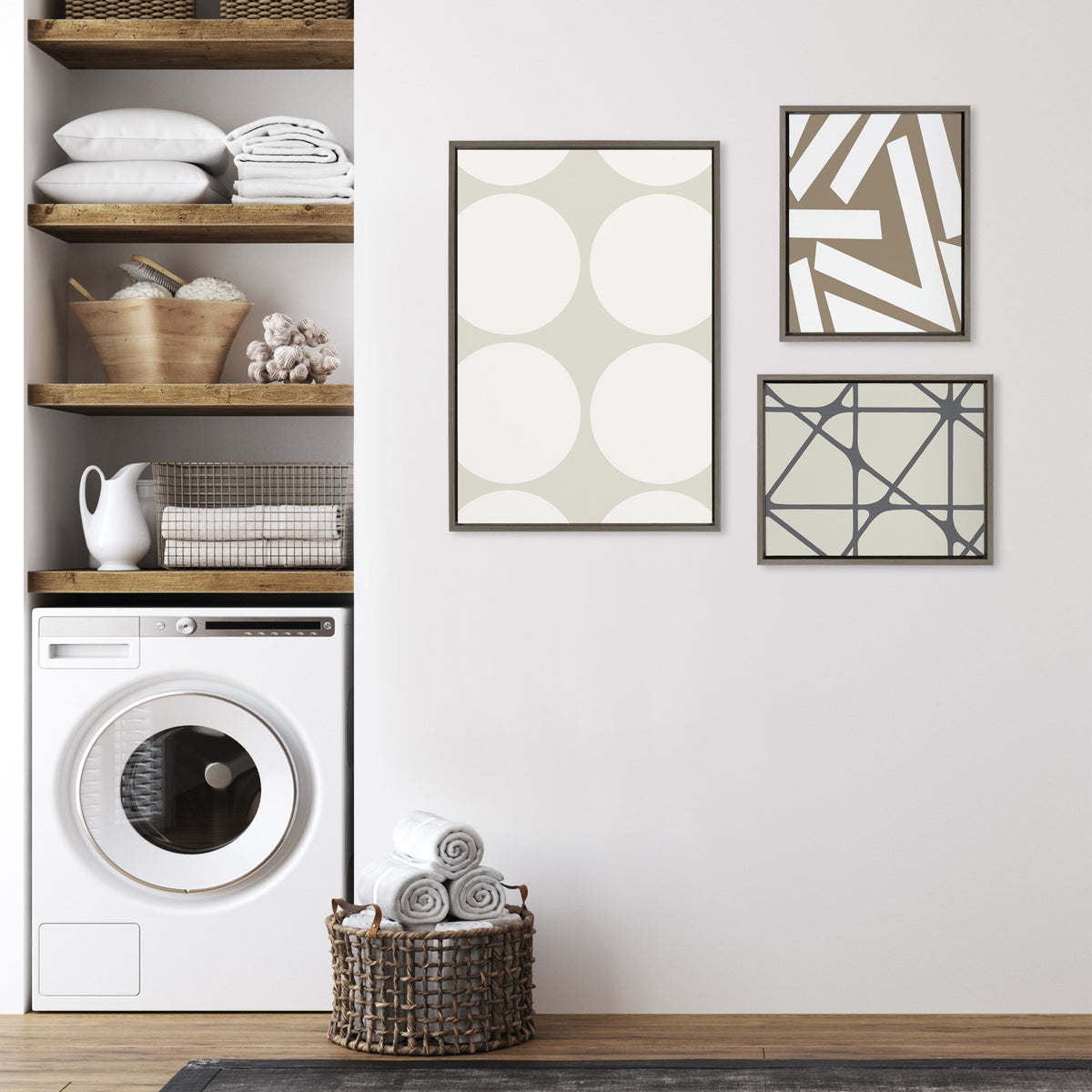 Sylvie Elevated Modern Neutral Dots, Neutral Pattern No 2 and Neutral Stained Glass Framed Canvas Set of 3 by The Creative Bunch Studio