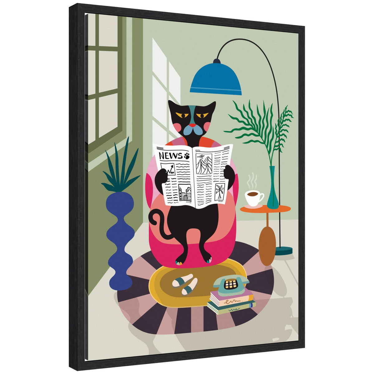 Sylvie Black Cat Reading Newspaper Framed Canvas by Rachel Lee