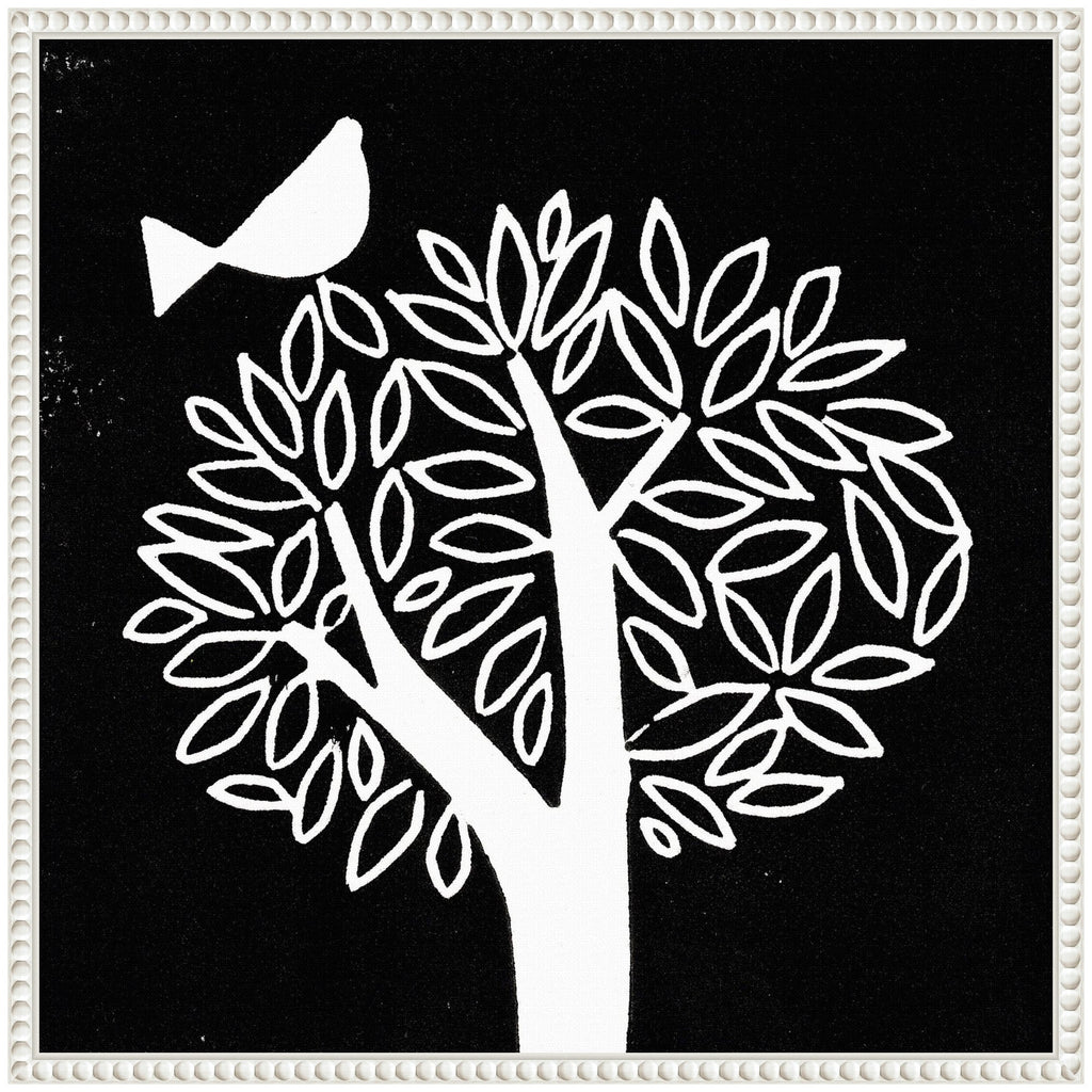 Sylvie Black and White Bird Tree Linocut Framed Canvas by Giuliana Lazzerini