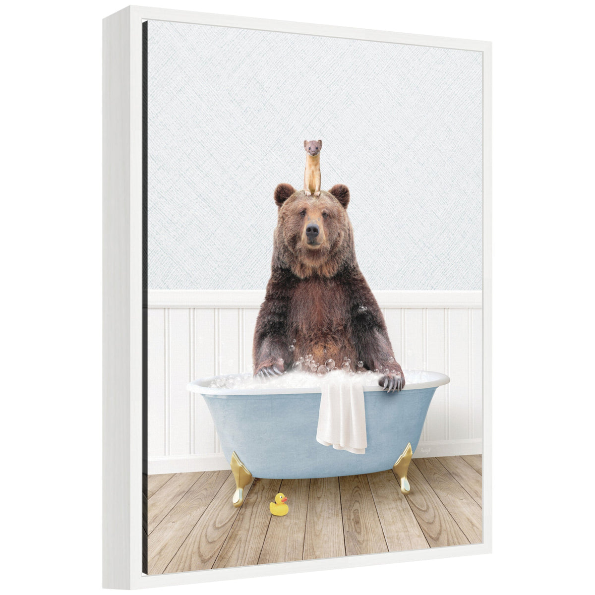 Sylvie Bear and Weasel in Cottage Blue Bathtub Framed Canvas by Amy Peterson