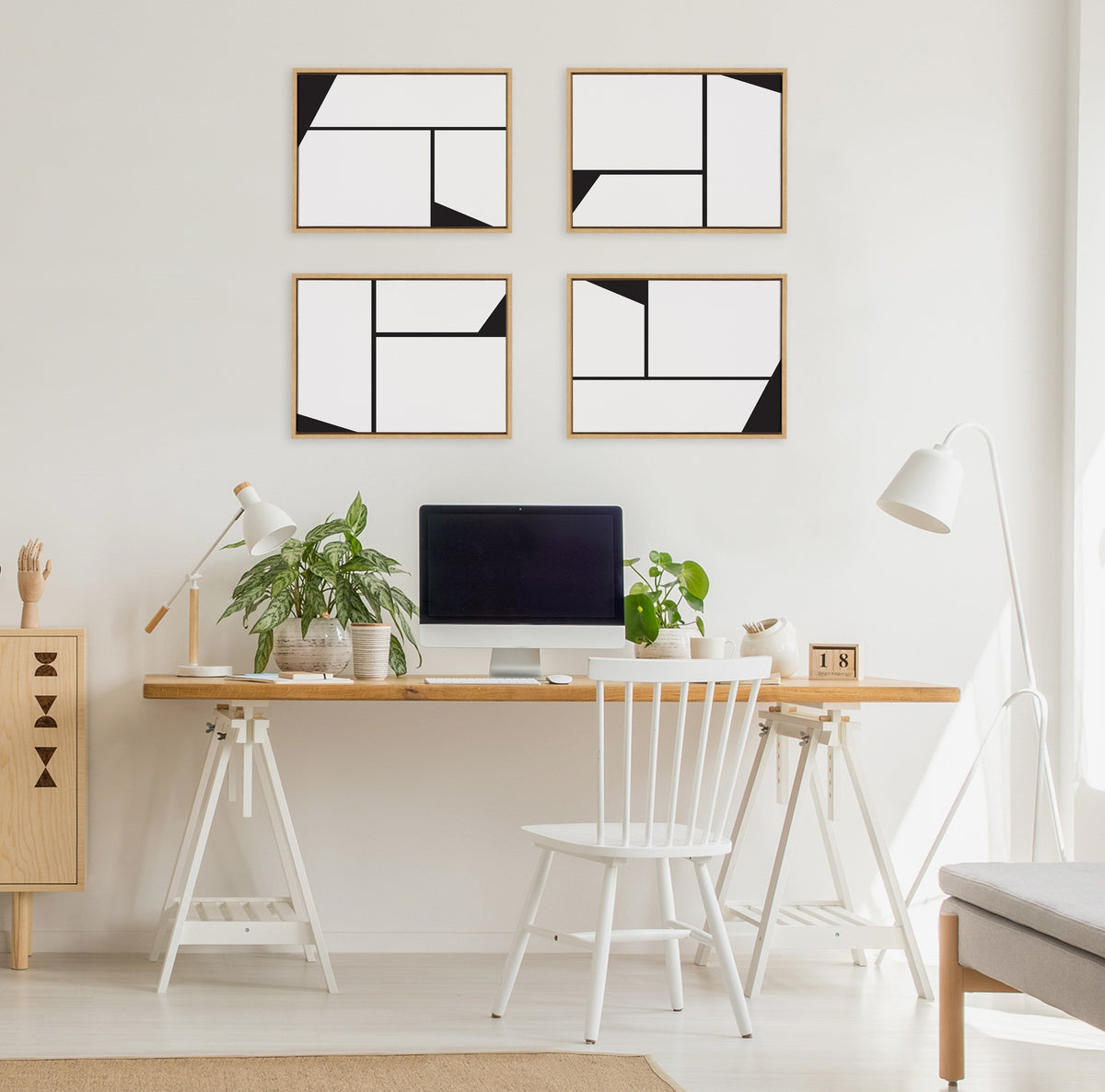 Sylvie Sleek Luxe Minimalist Black and White Abstract Framed Canvas Art Set of 2 by The Creative Bunch Studio