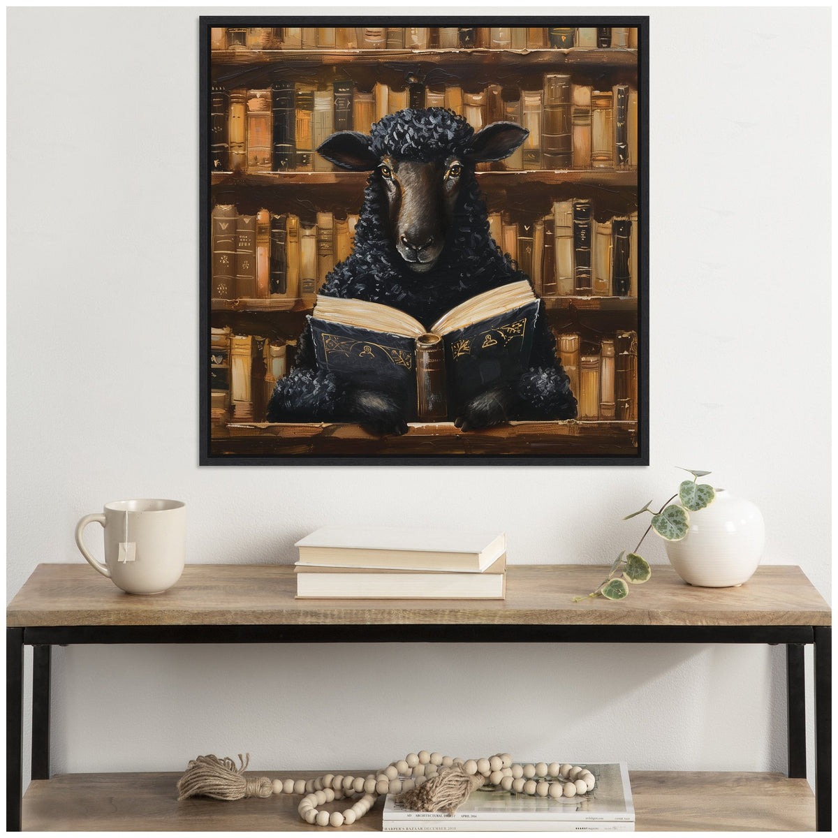 Sylvie Traditional Black Sheep Reading in Vintage Library Framed Canvas by The Creative Bunch Studio