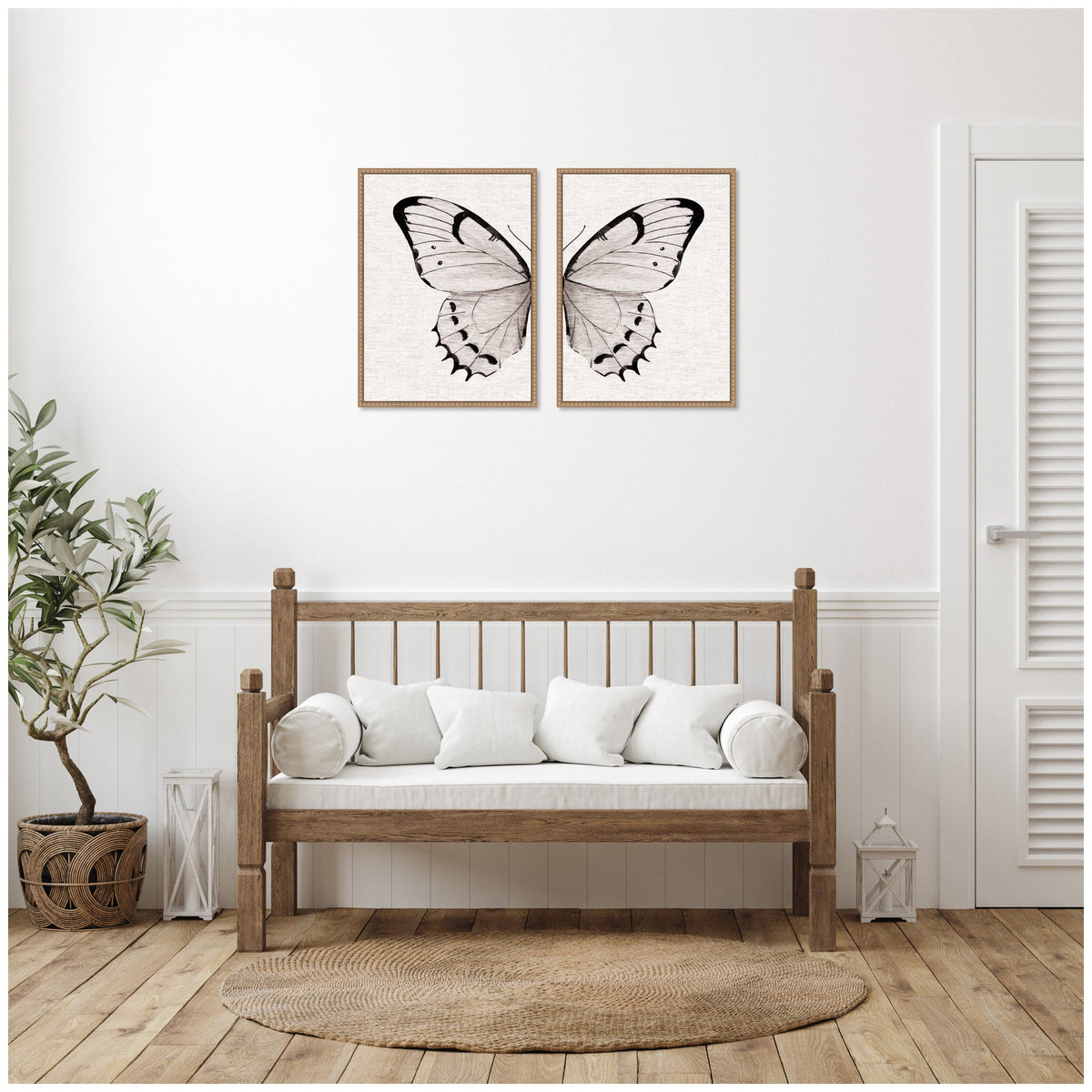 Sylvie Beaded Minimal Butterfly Watercolor Neutral Linen - 2 Piece Framed Canvas Art Set by The Creative Bunch Studio