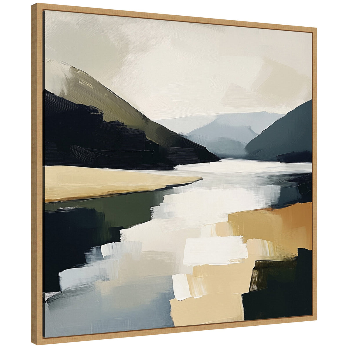 Sylvie Mountain Lake Modern Abstract Landscape Framed Canvas by The Creative Bunch Studio