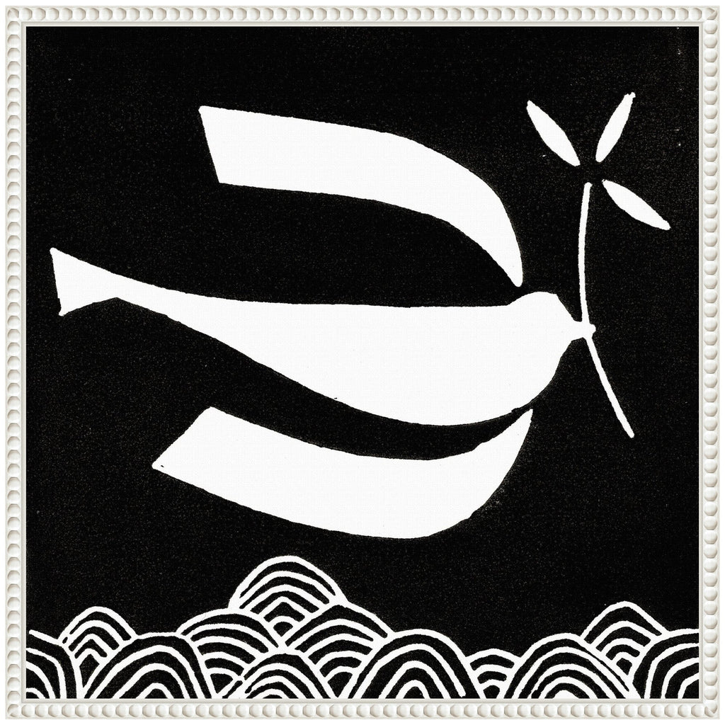 Sylvie Volare 2 Black and White Bird Linocut Framed Canvas by Giuliana Lazzerini