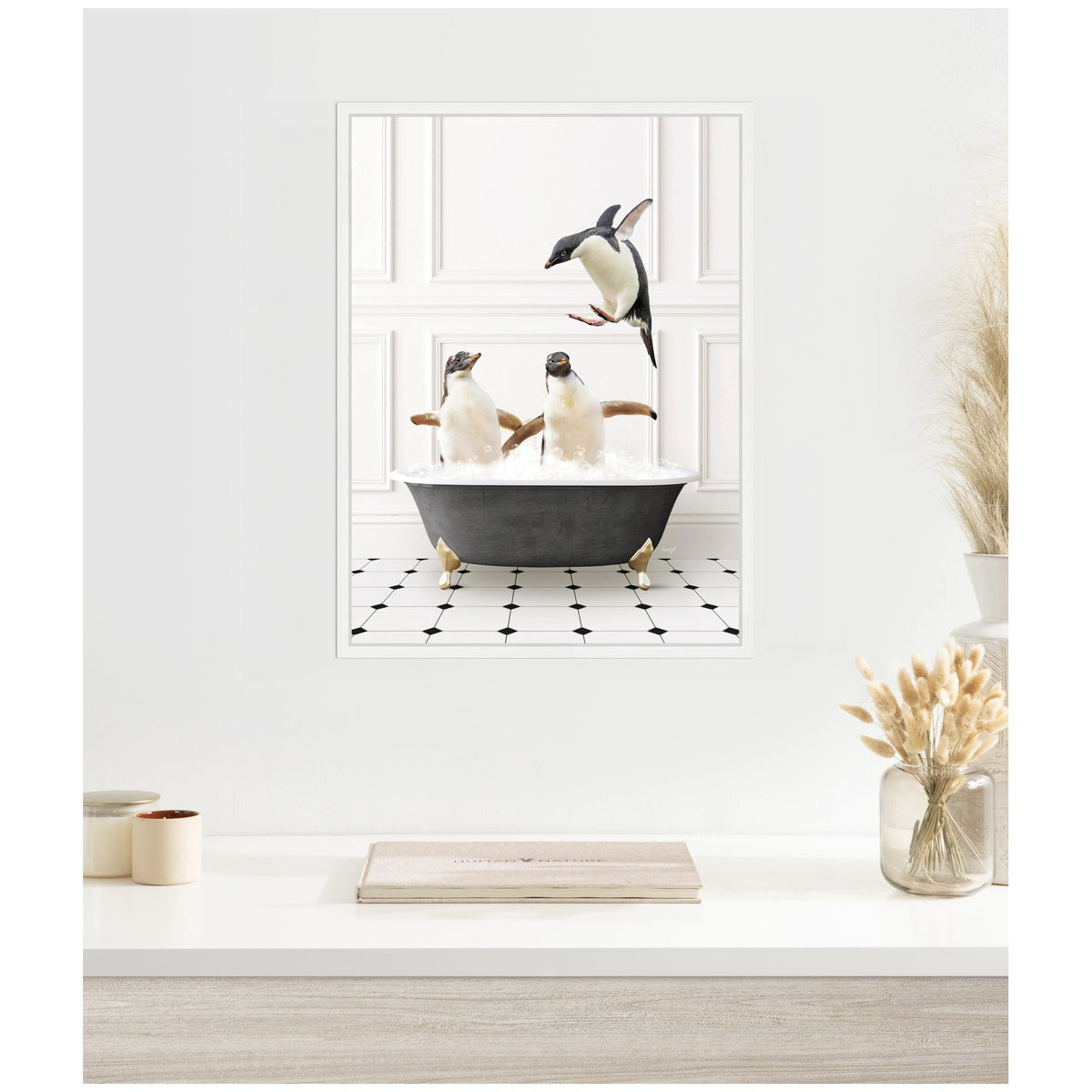 Sylvie Penguins in Classic Black and White Bath Framed Canvas by Amy Peterson