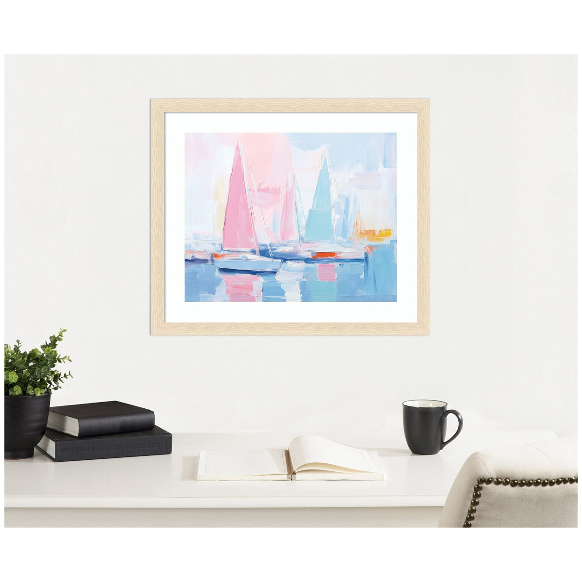 Framed Art Abstract Sailboat Harbor Landscape by The Creative Bunch Studio