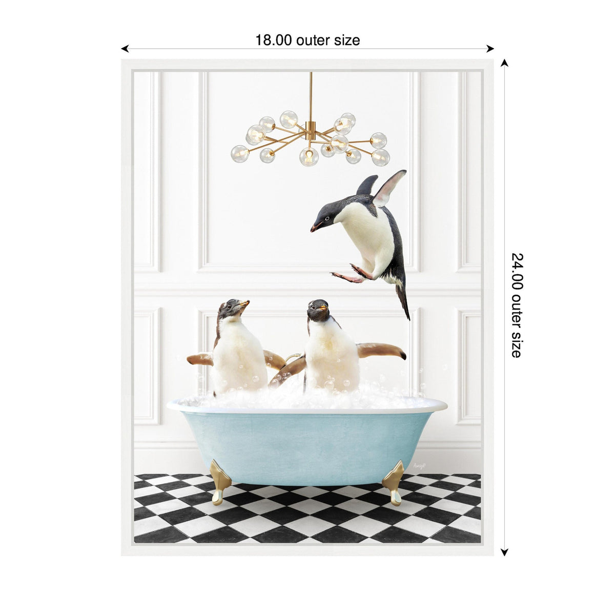 Sylvie Penguins in Blue Bathtub on Checker Floor Framed Canvas by Amy Peterson