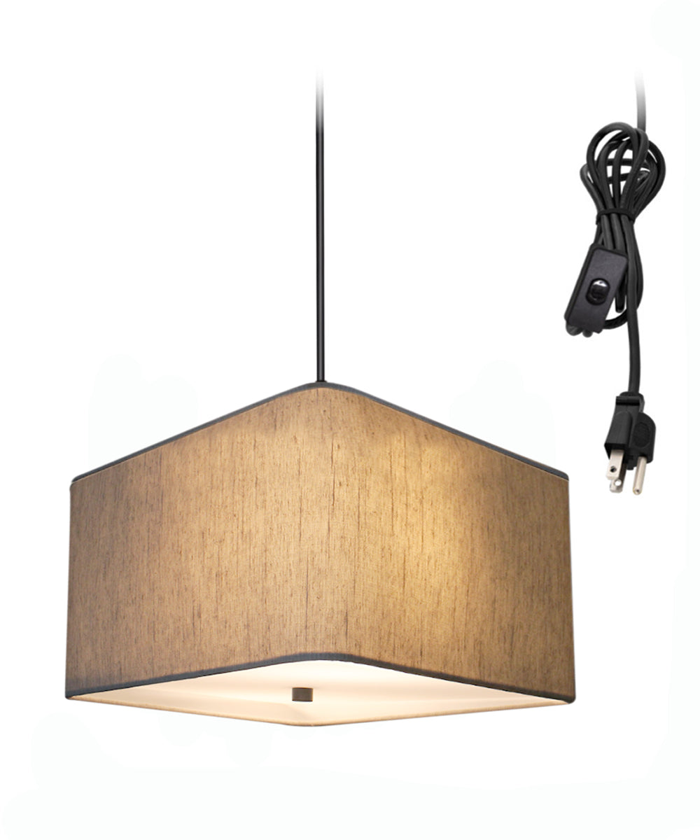 Home Concept 2-Light Plug-In Swag Pendant Light 12"w Rounded Corner Square Oatmeal Drum Shade with Diffuser, Black Cord