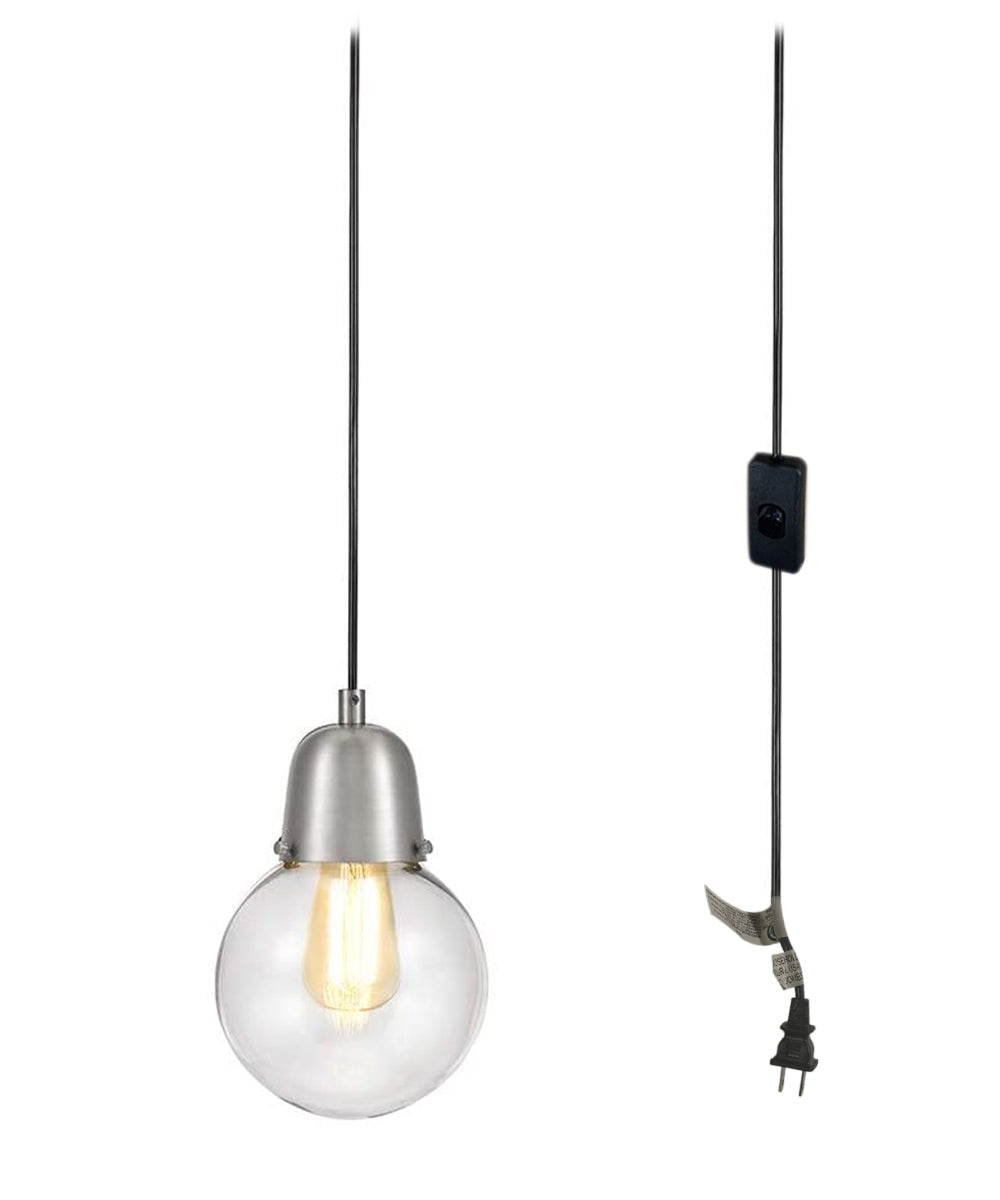 Plug-In LED Globe Pendant Light, Brushed Nickel Finish with Clear Glass Shade, 15' Black Cord